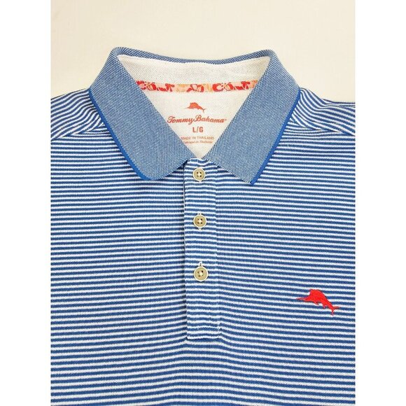 Tommy Bahama Size Large Men Blue White Stripe Embroidered Logo Short Sleeve Polo - Picture 1 of 11